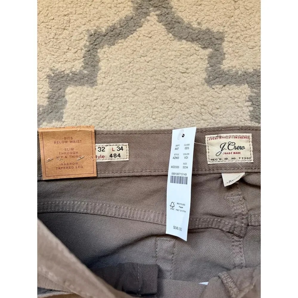 NWT J.Crew 484 Slim Fit Five Pocket Pants Men’s 32x34 Brown Stretch Chino AZ963